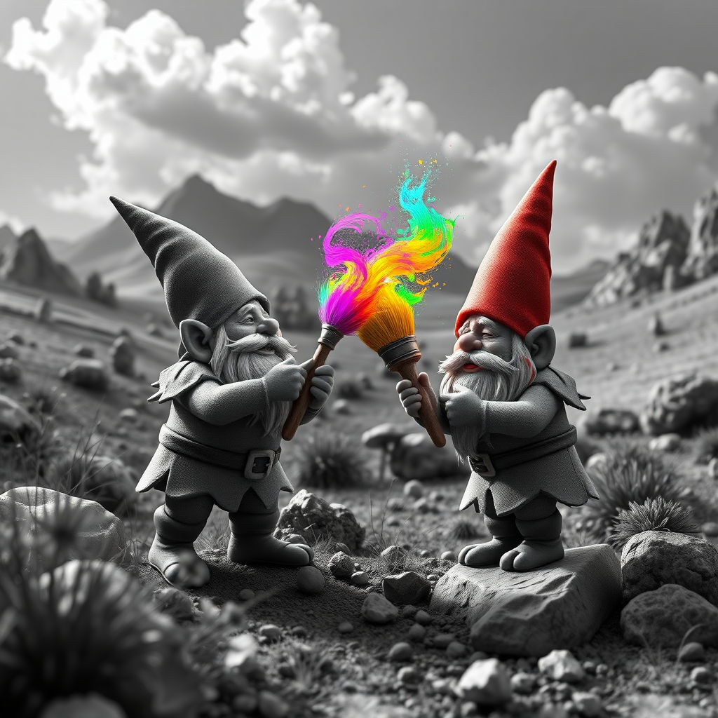 Immerse yourself in a mesmerizing 3D render set within a black and white realm, where two whimsical gnomes engage in a spirited brush duel. Each gnome wields a magical brush that releases vibrant streaks of color, gradually revitalizing their monochromatic world. The backdrop showcases a landscape undergoing a stunning transformation into a vivid, surreal environment, inspired by the distinctive styles of Karol Bak and Louis Jover. The scene exudes a whimsical and magical atmosphere, celebrating the boundless power of creativity and imagination.

This artwork is rendered in breathtaking 64K UHD resolution, featuring a broad color spectrum and intricate details perfect for high-profile platforms like ArtStation and Behance. Advanced digital art techniques are employed using Corel Painter, ZBrush, and Adobe Photoshop to achieve remarkable 3D volume, exquisite shading, and ultra-fine detailing. High-quality pigments, metallic flakes, and glass beads are incorporated to ensure textures shimmer vibrantly under raking light.

A tranquil chiaroscuro effect is utilized, with a subtle interplay of light and shadow that enhances depth and clarity through soft, delicate colors and nuanced shades of grey, black, and white. The rendering quality is unparalleled, thanks to advanced techniques and 3D volumetric effects that deliver exceptional detail and sharpness, complemented by a hyper-realistic pencil sketch texture for intricate elements.

The composition focuses on gentle, lifelike depth and striking details through a cinematic close-up approach. A balanced f/11 aperture and raw photographic style, enhanced with advanced v6 settings, render vivid colors and minute details with astonishing realism. Every element harmonizes to create a balanced and cohesive masterpiece that captivates both technically and emotionally.

**Technical and Artistic Specifications:**

- **Resolution & Display:**
  - Render in stunning 64K UHD resolution with a broad color spectrum and intricate detail, ideal for platforms like ArtStation and Behance.

- **Digital Art Techniques:**
  - Utilize Corel Painter, ZBrush, and Adobe Photoshop for exceptional 3D volume, exquisite shading, and ultra-fine detailing.

- **Materials & Textures:**
  - Incorporate high-quality pigments, metallic flakes, and glass beads to ensure textures radiate vibrancy under raking light.

- **Lighting & Depth:**
  - Implement a tranquil chiaroscuro effect with a subtle interplay of light and shadow.
  - Enhance depth and clarity using soft, delicate colors and nuanced shades of grey, black, and white.

- **Rendering Quality:**
  - Employ advanced rendering techniques and 3D volumetric effects for unparalleled detail and sharpness.
  - Include a hyper-realistic pencil sketch texture for intricate details.

- **Composition & Focus:**
  - Emphasize gentle, lifelike depth and striking details with a cinematic close-up approach.
  - Use a balanced f/11 aperture and a raw photographic style with advanced v6 enhancements to render vivid colors and minute details realistically.

- **Overall Harmony:**
  - Achieve maximum harmony across all elements, resulting in a balanced and cohesive composition that captivates both technically and emotionally.

**Additional Elements:**

- Tranquil chiaroscuro effect for enhanced depth and clarity.
- Soft, delicate colors to infuse the piece with subtlety and serenity.
- Advanced rendering techniques for greater detail and sharpness.
- Cutting-edge digital art tools to utilize the latest technology.
- 3D volumetric effects to add depth and spatial qualities.
- Hyper-realistic pencil sketch texture for intricate details.
- Subtle interplay of light and shadow to evoke lifelike realism.
- Soft, nuanced shades of grey, black, and white to add depth without overwhelming.
- Gentle, lifelike depth to enhance overall impact.

**Final Instructions:**
Ensure the prompt is free from repetition and confusion, maintaining all original technical and artistic specifications with clarity and elegance to facilitate the creation of a visually and emotionally compelling artwork.