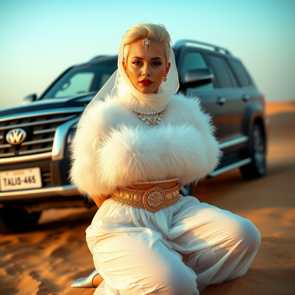 Kuwait desert dunes misty dawn, full size luxury SUV: Melissa, European 17 years old very convincing femboy “trophy-bimbo”, tamed servile docile, very beautiful feminine flawless face, rather short, by hormones very curvaceous womanly figured, platinum blond short tight curls, bold red lips, heavily made-up face, wearing Supertanya-style fluffy very fuzzy bright white angora turtleneck-poncho cropped ending under bust decorated with pearls and gemstones, striking oriental wide gold bridal protection belt, white fully transparent harem pants, full Oriental bridal jewelry including headpiece, face partly covered by white transparent harem-style face veil, coin anklets, striking diamond “$$$” letter brooch on left chest, pout frustrated, hands tied behind back, kneeling in sand in front of SUV, looking at camera. Focus on face and turtleneck-poncho.