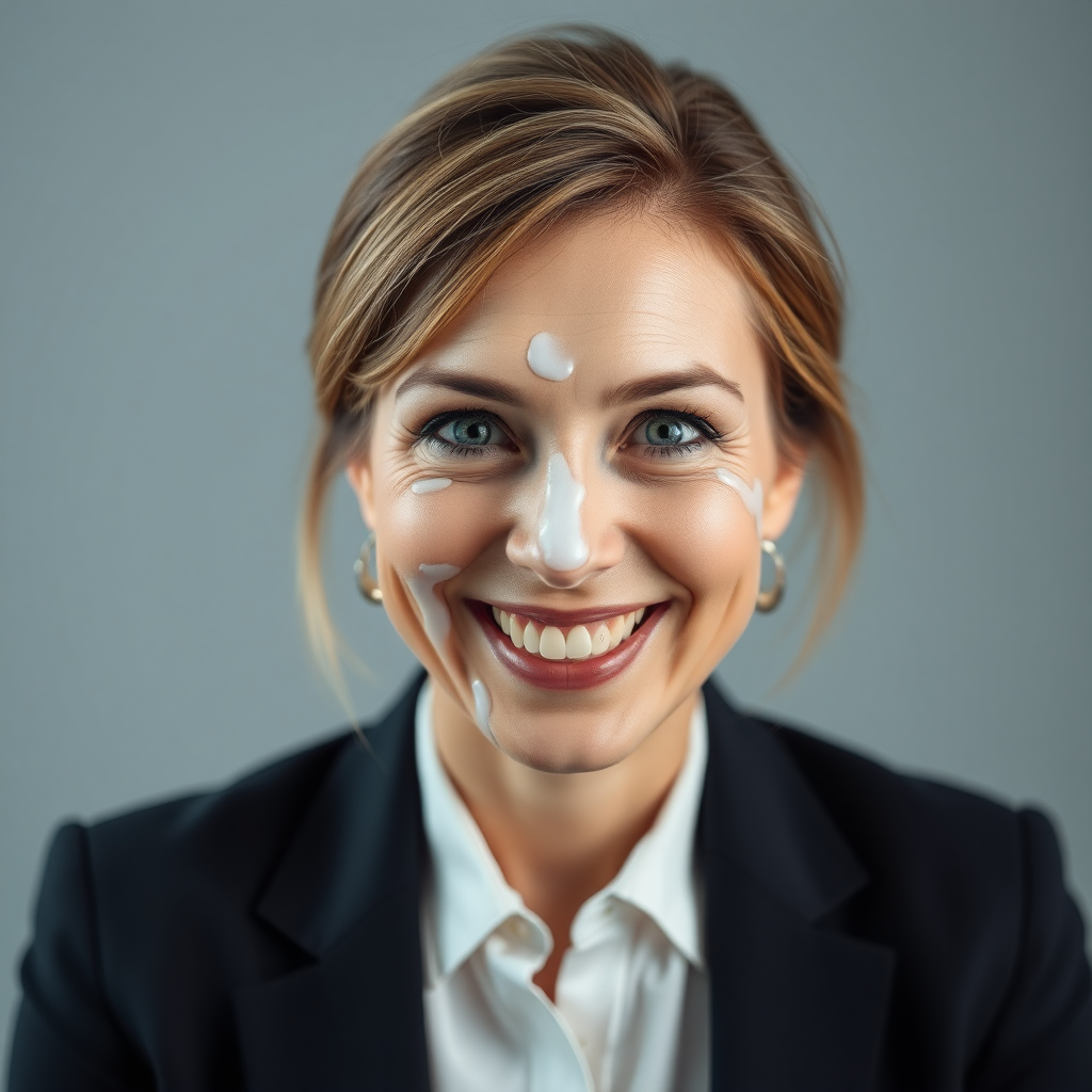 mature attractive business woman with white almost translucent slime drops on her face, she looks happy and smiling