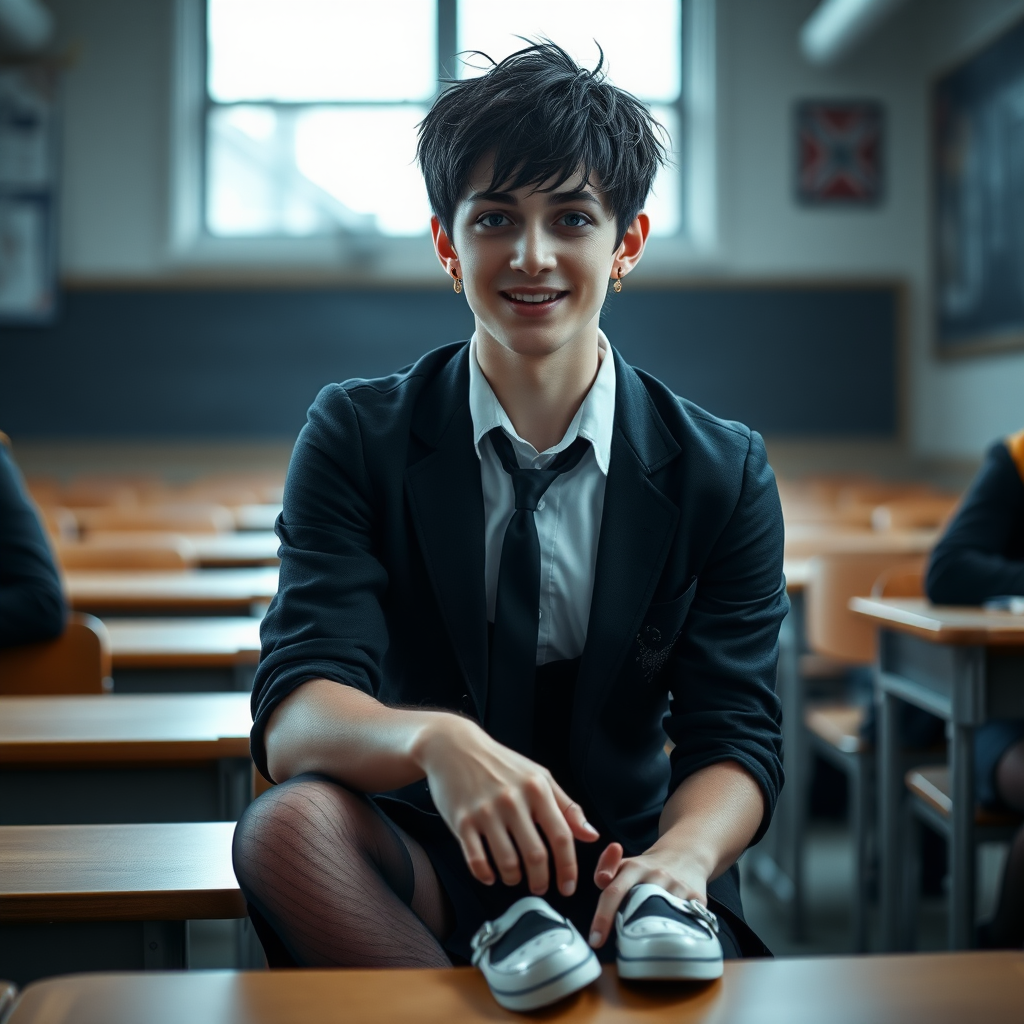 photorealistic, ultra high resolution, 16K, surreal fantasy, soft studio lighting, a pretty 17 year old goth male, slim male physique, short dark hair, blue eyes, goth makeup, earrings, sheer pantyhose, UK girls-school uniform, Mary-Jane shoes, sitting in the classroom, excited smile, facing the camera.