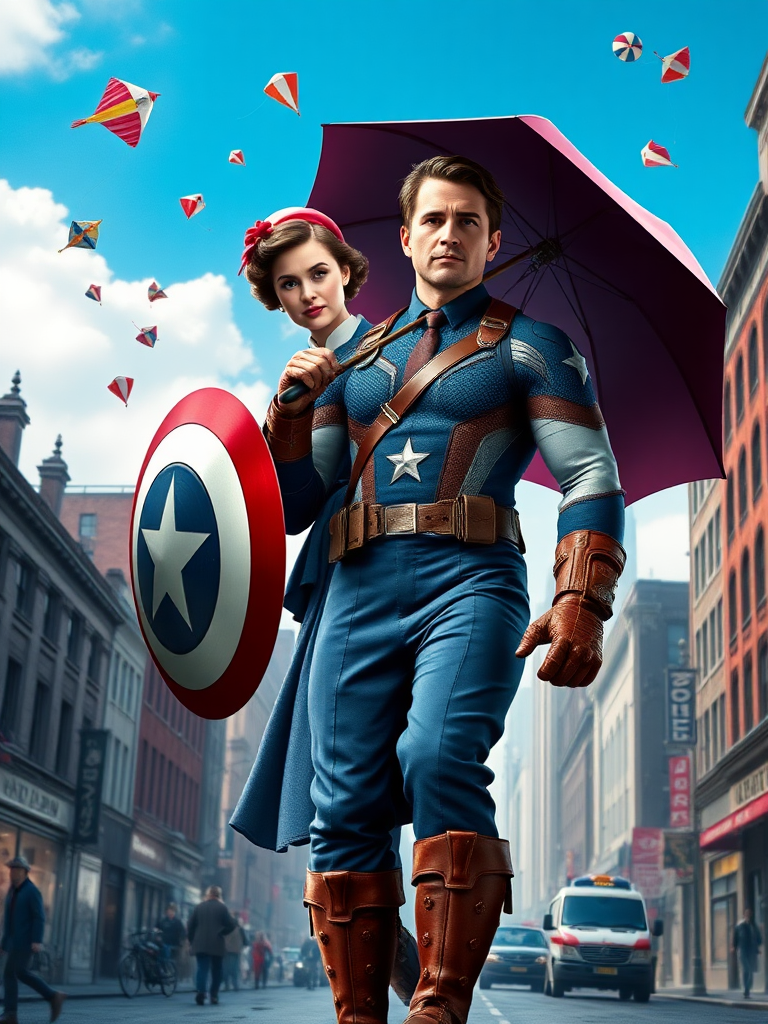 DALL-E 3 prompt (683 characters):

Create a full-length rendered image merging Mary Poppins and Steve Rogers. Maintain Mary's head, hairstyle, and facial features atop Steve's muscular body. Adapt Mary's iconic nanny outfit to fit the new physique, incorporating elements from Captain America's costume such as star motifs or shield-inspired accessories. Adjust the umbrella size to match the larger frame. Set the scene in a whimsical London street blending into a 1940s New York cityscape. Include floating objects like kites or shields in the sky. Ensure the image captures both Mary's magical essence and Steve's heroic stance. Balance vibrant colors from both characters' worlds throughout the composition.