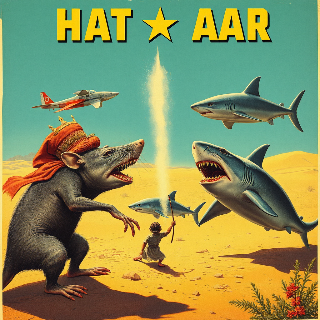 A rat wedding being attacked by hammerhead sharks, Soviet propaganda poster, no text, Lovecraftian, in India, in desert