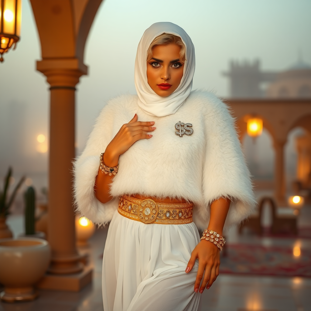 Kuwait desert palace harem patio misty dawn: Melissa, European 17 years old very convincing femboy “trophy-bimbo,” tamed servile docile, very beautiful feminine flawless face, rather short, by hormones very curvaceous womanly figured, platinum blond short tight curls, heavily made-up eyes, wearing Supertanya-style fluffy very fuzzy bright white angora turtleneck-poncho cropped ending under bust decorated with pearls and gemstones, striking oriental wide gold bridal protection belt, white fully transparent harem pants, full Oriental bridal jewelry, face covered by white sheer full Burka, coin anklets, striking diamond “$$$” letter brooch on left chest, pout frustrated, seductively dancing for the sheik, looking at camera. Focus on face and turtleneck-poncho.