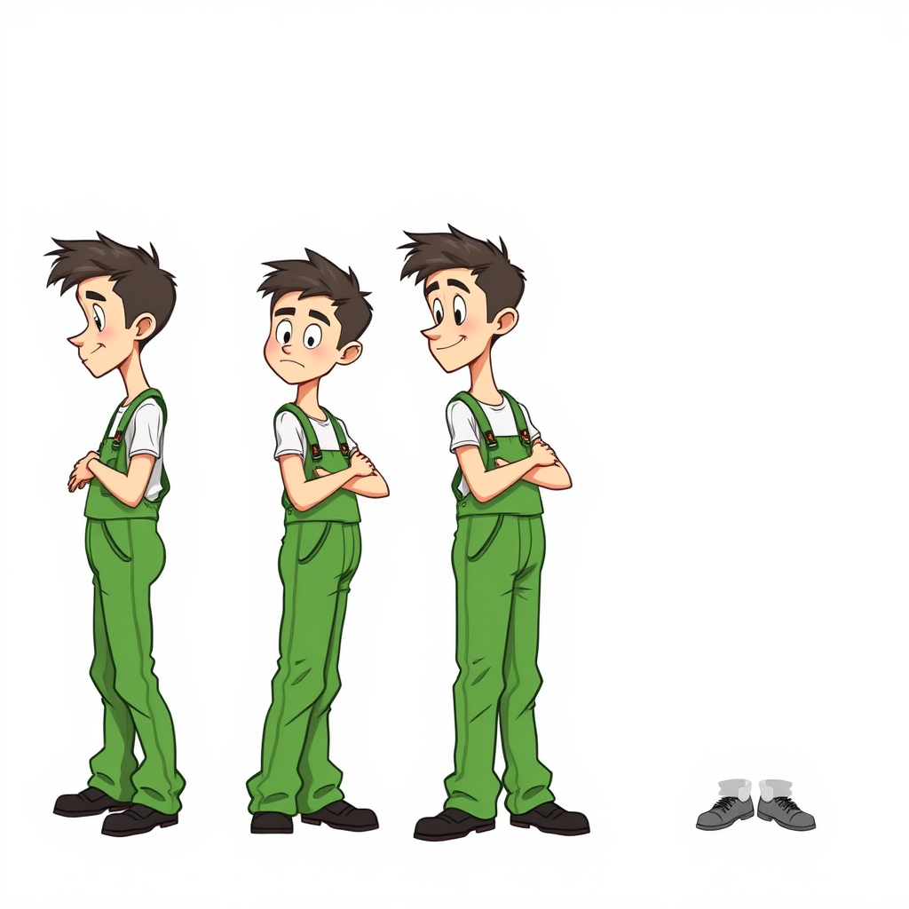 multiple views with progression, character design sheet, blushing shy nervous small 20 year old european skinny man wearing green work overalls is trying to hide his excitement, long establishing shot, 2D, caricature, cartoon, Sketch lines, coloring book, black and white, coloring book style on white background, well composed, clean coloring book page, No dither, no gradient, strong outline, No fill, No solids, vector illustration, side view, vector illustration, empty space around each view