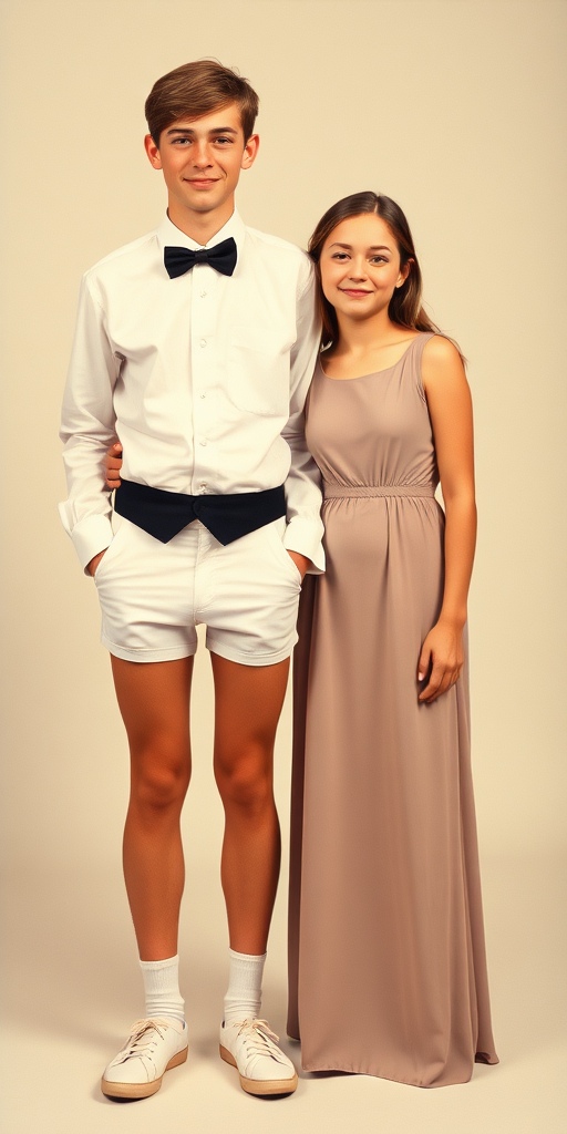 A tall 14yo teen boy, wearing bow tie, shirt, formal suit with very tight booty shorts, tube socks, shoes, long legs, narrow thighs. With a girl wearing long dress. full-length view. studio background. Family photo. 1980s.  
photorealistic, ultra high resolution, 16K,  
Negative: grainy, blurry, bad anatomy, extra limbs, watermark.