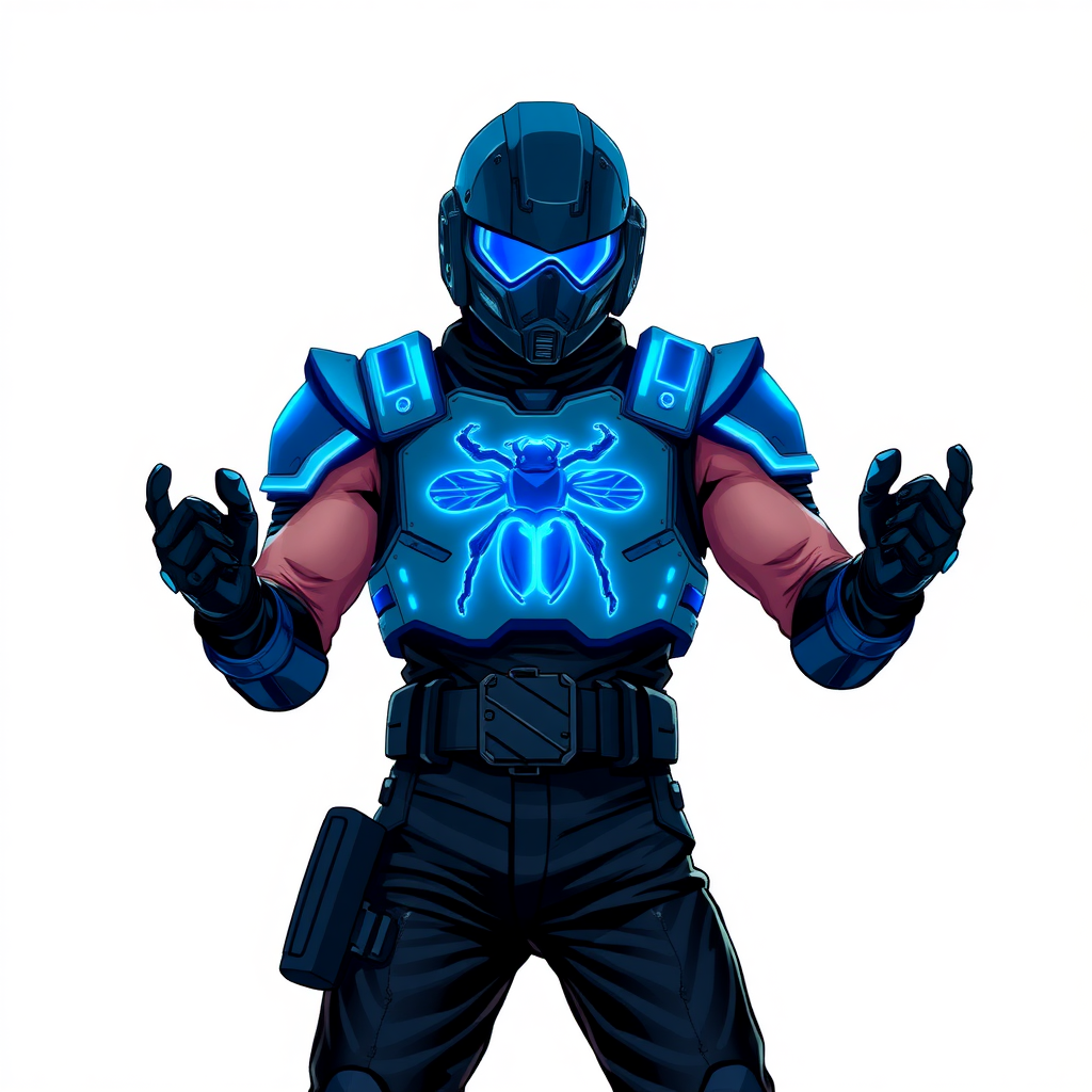 A 28-year-old cyberpunk vigilante stands heroically, clad in high-tech, maximum blue, light armor featuring a neon blue glowing beetle on the chest. They wear black biker pants, a black belt with a sapphire beetle buckle, and a head covering helmet resembling a sleek, tactical design, but colored maximum blue with neon blue glowing lenses. Their hands are protected by black metal gloves, all set against a solid white background. He is drawn as if he was in a retro 2D cyberpunk fighting game.