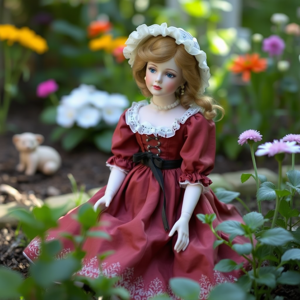 Porcelain doll sitting in the garden wearing a Victorian dress