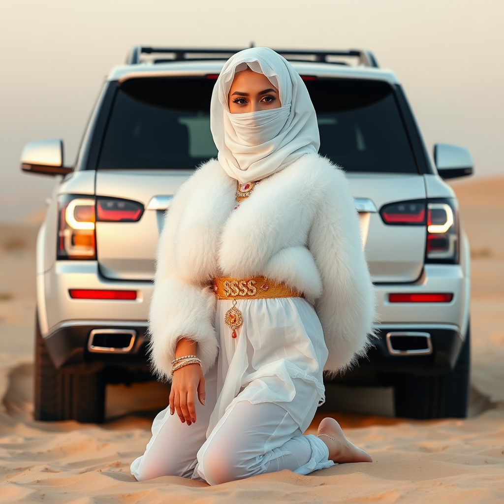 Kuwait desert dunes misty dawn, full size luxury SUV: Melissa, European 17 years old very convincing femboy “trophy-bimbo”, tamed servile docile, very beautiful feminine flawless face, rather short, by hormones very curvaceous womanly figured, platinum blond short tight curls, bold red lips, heavily made-up face, wearing Supertanya-style fluffy very fuzzy bright white angora turtleneck-poncho cropped ending under bust decorated with pearls and gemstones, striking oriental wide gold bridal protection belt, white fully transparent harem pants, full Oriental bridal jewelry, face covered by white sheer full Burka, coin anklets, striking diamond “$$$” letter brooch on left chest, pout frustrated, hands tied behind back, kneeling in sand in front of SUV, looking at camera. Focus on face and turtleneck-poncho.