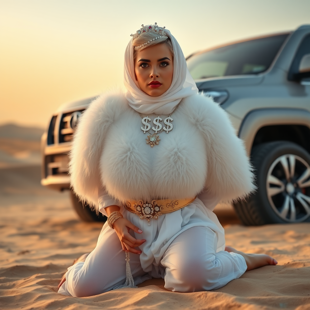 Kuwait desert dunes misty dawn, full size luxury SUV: Melissa, European 17 years old very convincing femboy “trophy-bimbo”, tamed servile docile, very beautiful feminine flawless face, rather short, by hormones very curvaceous womanly figured, platinum blond short tight curls, bold red lips, heavily made-up face, wearing Supertanya-style fluffy very fuzzy bright white angora turtleneck-poncho cropped ending under bust decorated with pearls and gemstones, striking oriental wide gold bridal protection belt, white fully transparent harem pants, full Oriental bridal jewelry including headpiece, white transparent Burka face veil covering noose and mouth, coin anklets, striking diamond “$$$” letter brooch on left chest, pout frustrated, hands tied behind back, kneeling in sand in front of SUV, looking at camera. Focus on face and turtleneck-poncho.