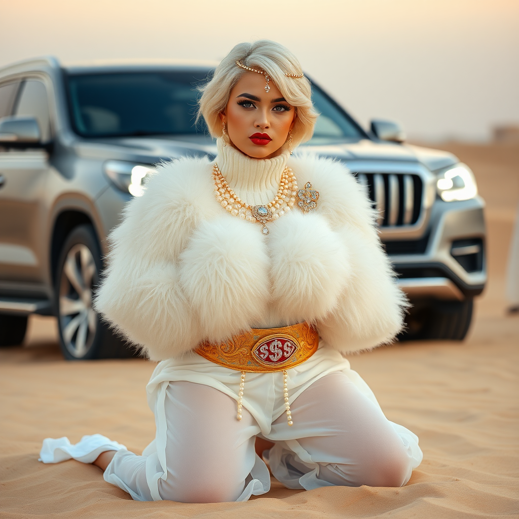 Kuwait desert dunes misty dawn, full size luxury SUV: Melissa, European 17 years old very convincing femboy “trophy-bimbo”, tamed servile docile, very beautiful feminine flawless face, rather short, by hormones very curvaceous womanly figured, platinum blond short tight curls, bold red lips, heavily made-up face, wearing Supertanya-style fluffy very fuzzy bright white angora turtleneck-poncho cropped ending under bust decorated with pearls and gemstones, striking oriental wide gold bridal protection belt, white fully transparent harem pants, full Oriental bridal jewelry with striking headpiece, full Oriental face-jewelry, striking diamond “$$$” letter brooch on left chest, pout frustrated, hands tied behind back, kneeling in sand in front of SUV, looking at camera. Focus on face and turtleneck-poncho.