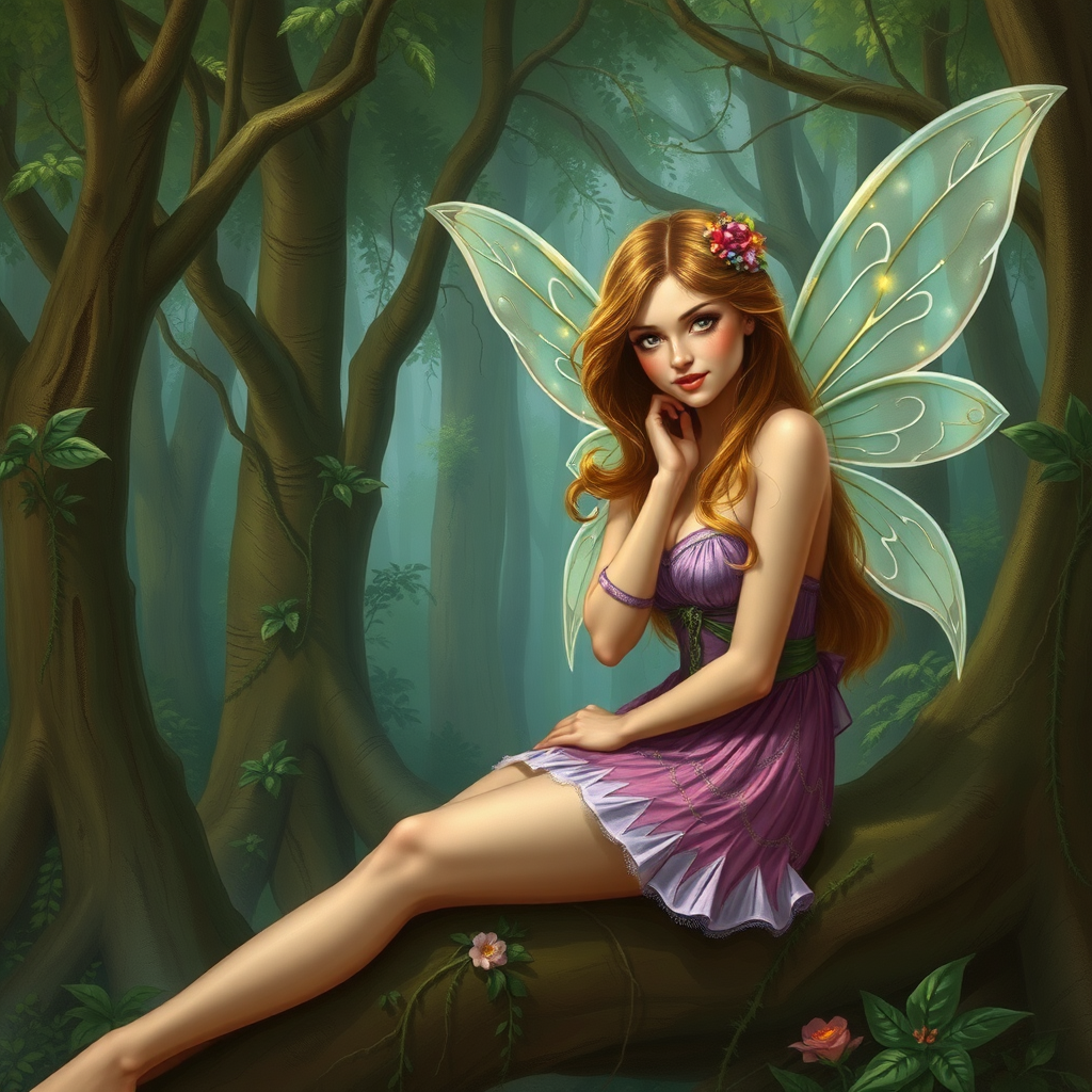 A classic forest scene with an attractive and seductive fairy. The scene is lush with the art styling of Brian Stroud.