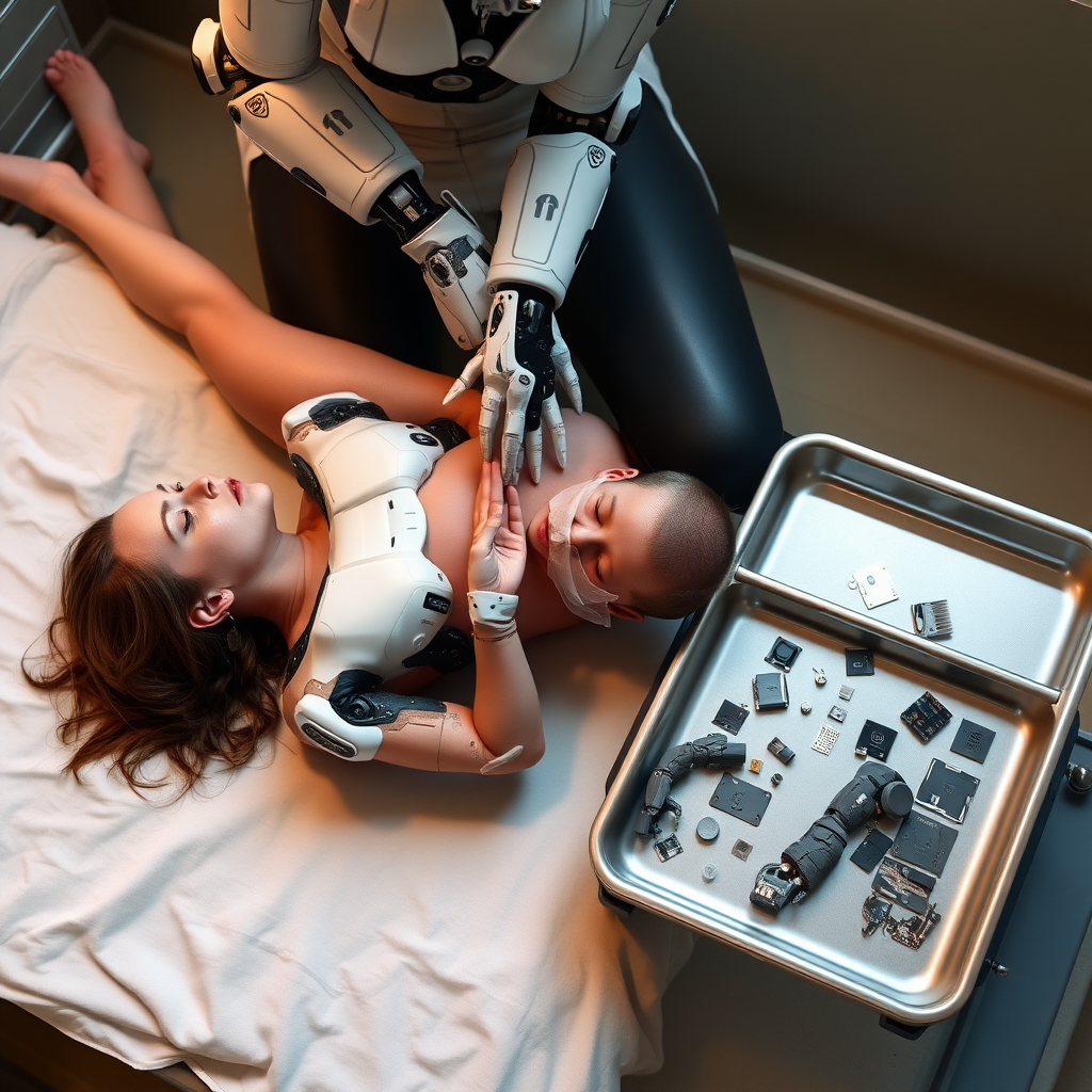 A photograph of a female cyborg giving birth to a baby. She is lying on her back and her legs are parted, while a cyborg midwife is gently pulling the baby out of her womanhood. Next to them is a metal tray on a trolley. Inside the tray are small cybernetic implants, chips, a small robot arm.