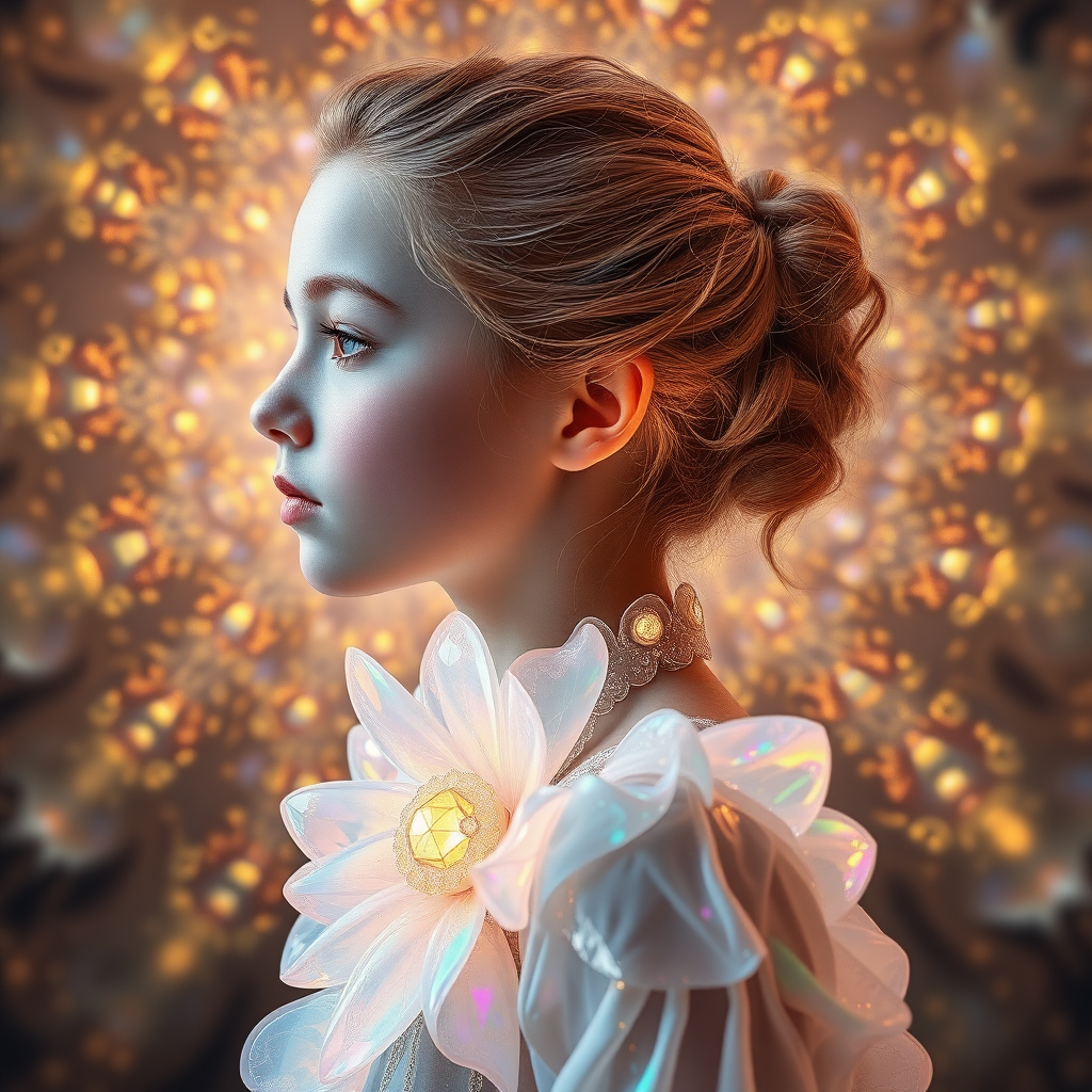 preteen girl in profile, abstract, mandelbulb fractal, sacred geometry, ultra-detailed, dynamic composition, artistic photograph, fractal, brilliant colors, glittering, transparency, translucent, opal, gold, romanticism, sharp focus, floral, mother of pearl, iridescent, jewelry