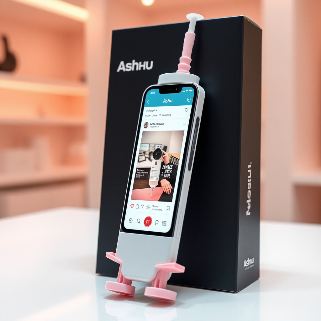 A close-up straight front view of a mobile phone in the shape inspired by a syringe, white pink futuristic, kept for sale leaning to a box with text Ashu and minimal design, in a showroom, touchscreen phone with Instagram page open on screen, needle on top, whitepunk.