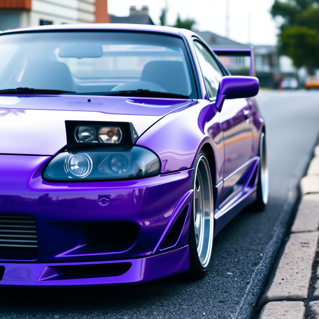 camelonn purple nissan silvia s14 the car is parked on the side of the road, inspired by Taiyō Matsumoto, tumblr, restomod, nd4, c4 cold colors