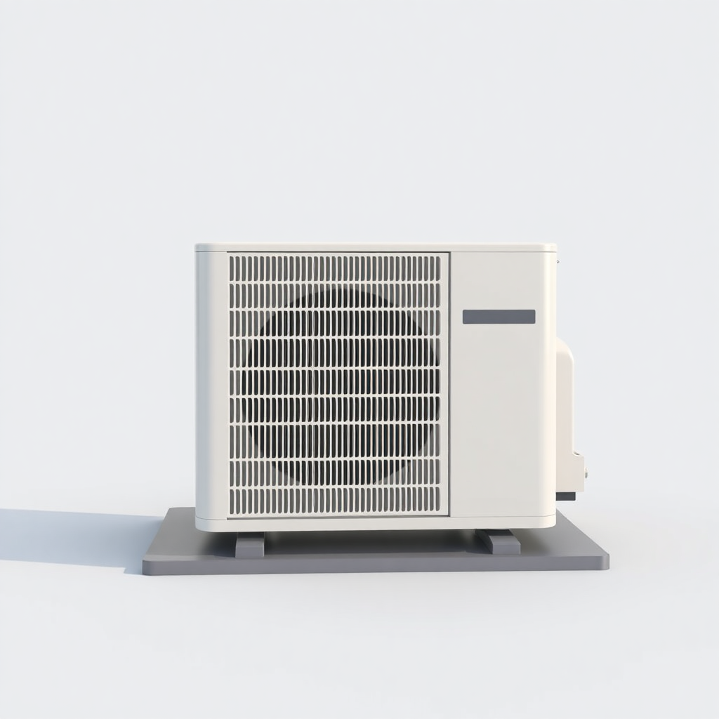 A simple, 3D model of a standard residential outdoor air conditioning unit or condenser. The unit should be placed on a flat surface. The unit should be a neutral color. Plain, uncluttered background. No text.