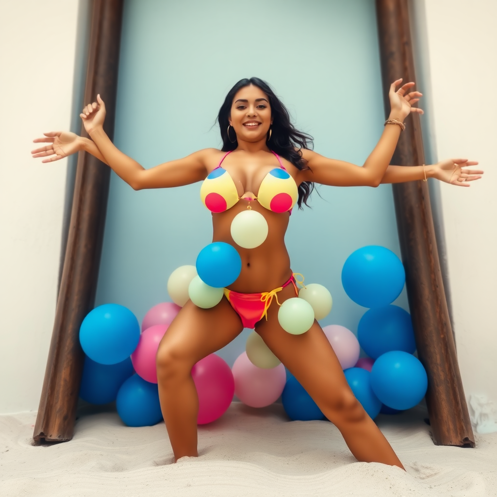 Full body image, A beautiful Mexican woman wearing a bikini made out of only balloons