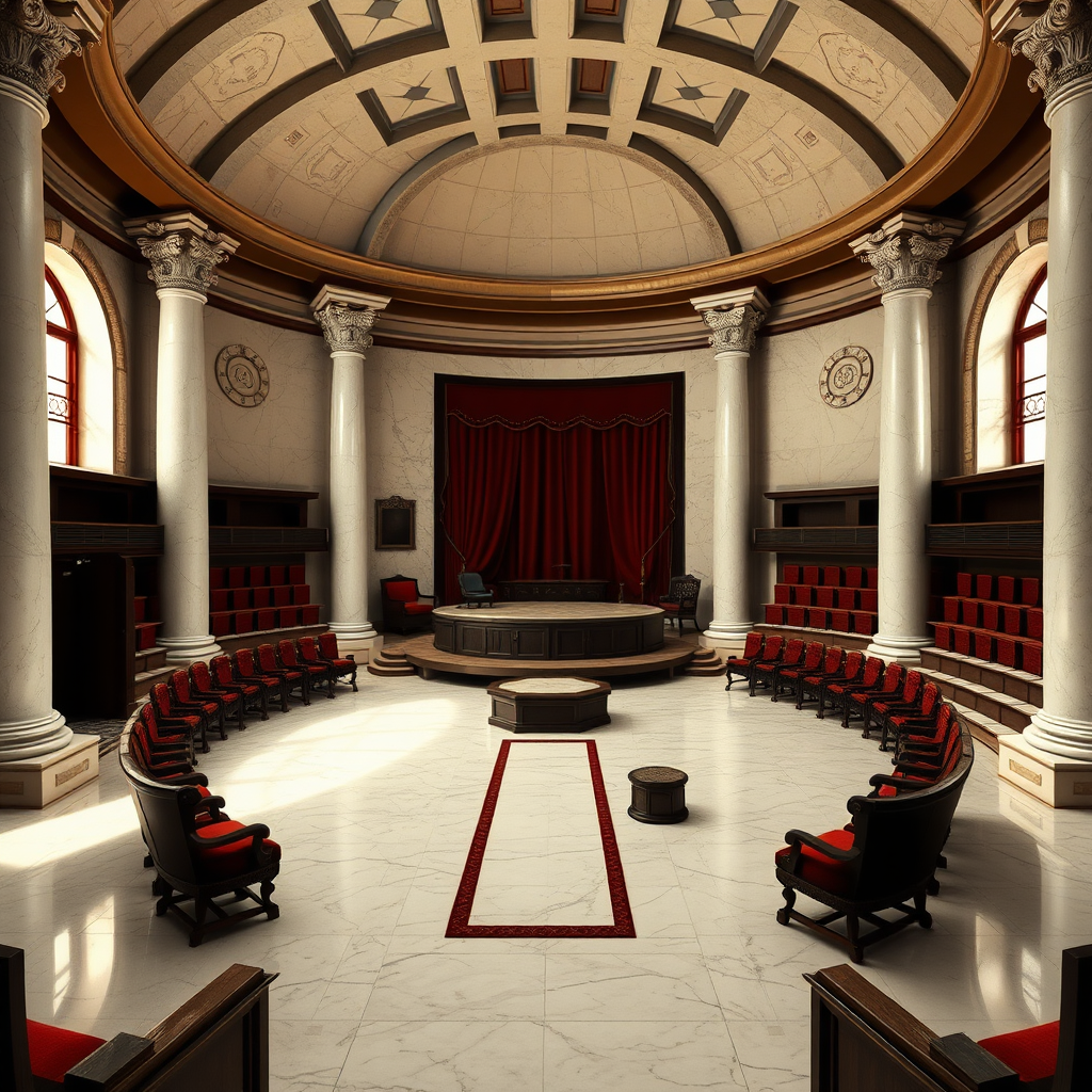 The auction hall is a cozy circular room, has polished marble floors and white alabaster pillars supporting a vaulted ceiling with the main entrance at the south side and a small servants entrance at the north side of the room. The servants entrance is also where the slaves are brought in. Right in front of that small entrance are small display platforms where the slaves present themselves for potential buyers. Leading from their display platforms is a path that leads to the larger main auction platform at the center of the room. From the big main doors on the south side, a path also leads to the middle. On both sides (west and east) are ascending rows of plush seating made from velvet and mahogany.