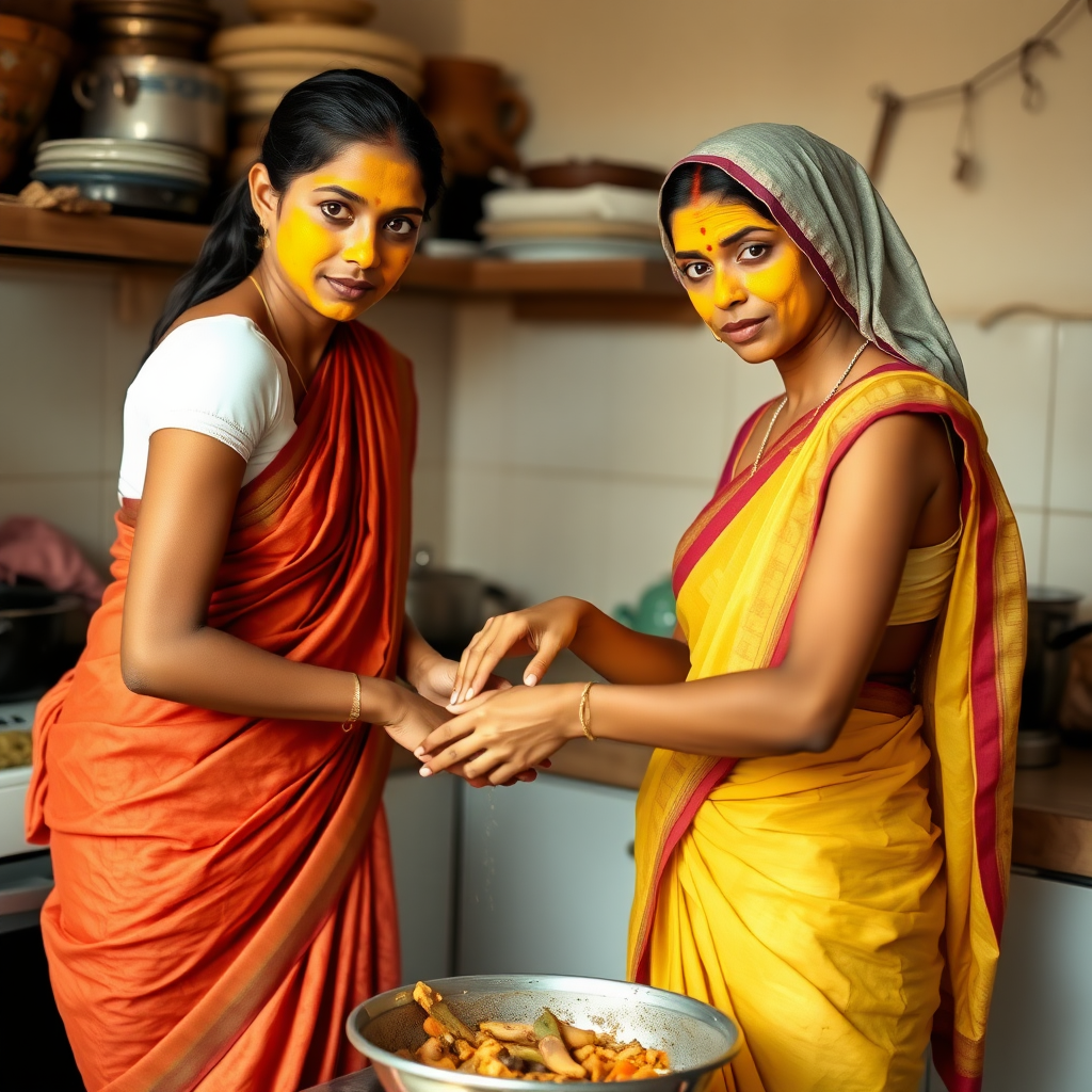 2 slim, 30-year-old Indian maids with hair coverings. Saree pallu tucked to waist. They are cooking food in the kitchen. Their faces are covered with a turmeric face mask.