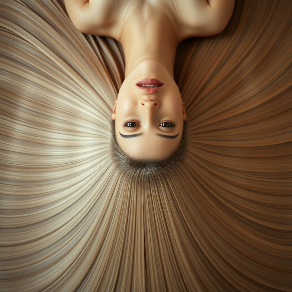 A beautiful woman laying on her back staring up at the camera. Her very long hair meticulously fanned out in a geometrically precise semicircle to display its length and beauty.