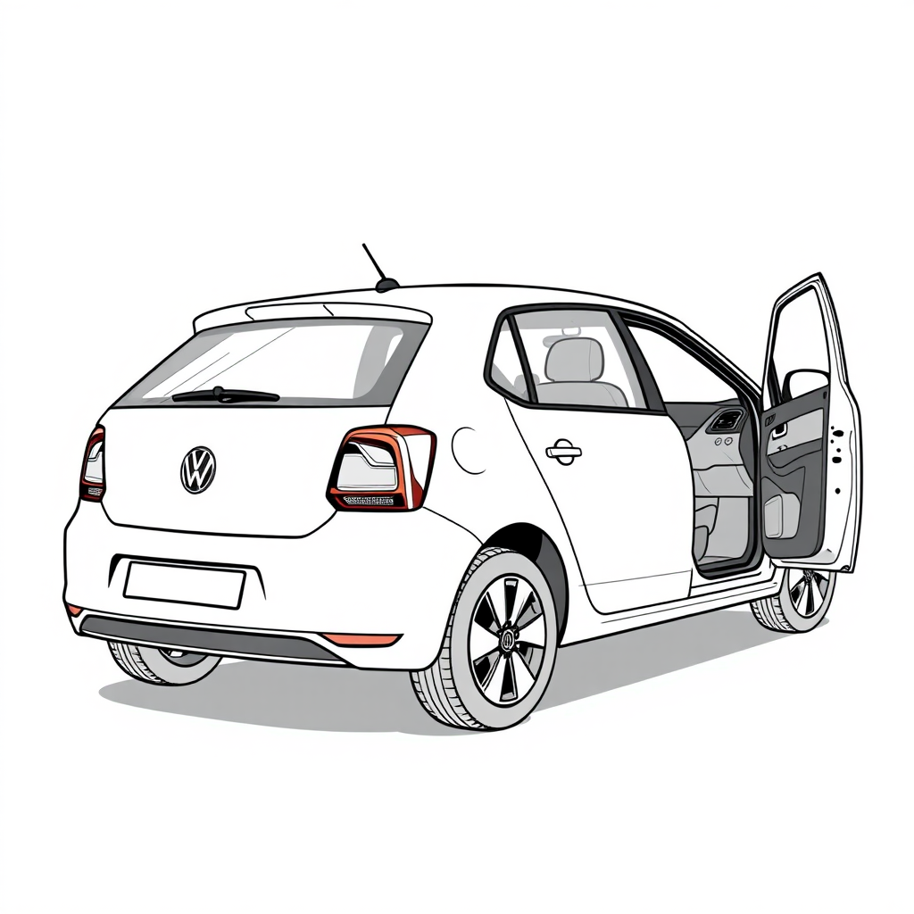 a white VW Polo V, driver door open long establishing shot, 2D, caricature, cartoon, Sketch lines, coloring book, coloring book style on white background, well composed, clean coloring book page, No dither, no gradient, strong outline, No fill, No solids, vector illustration, back side view, vector illustration, movement lines