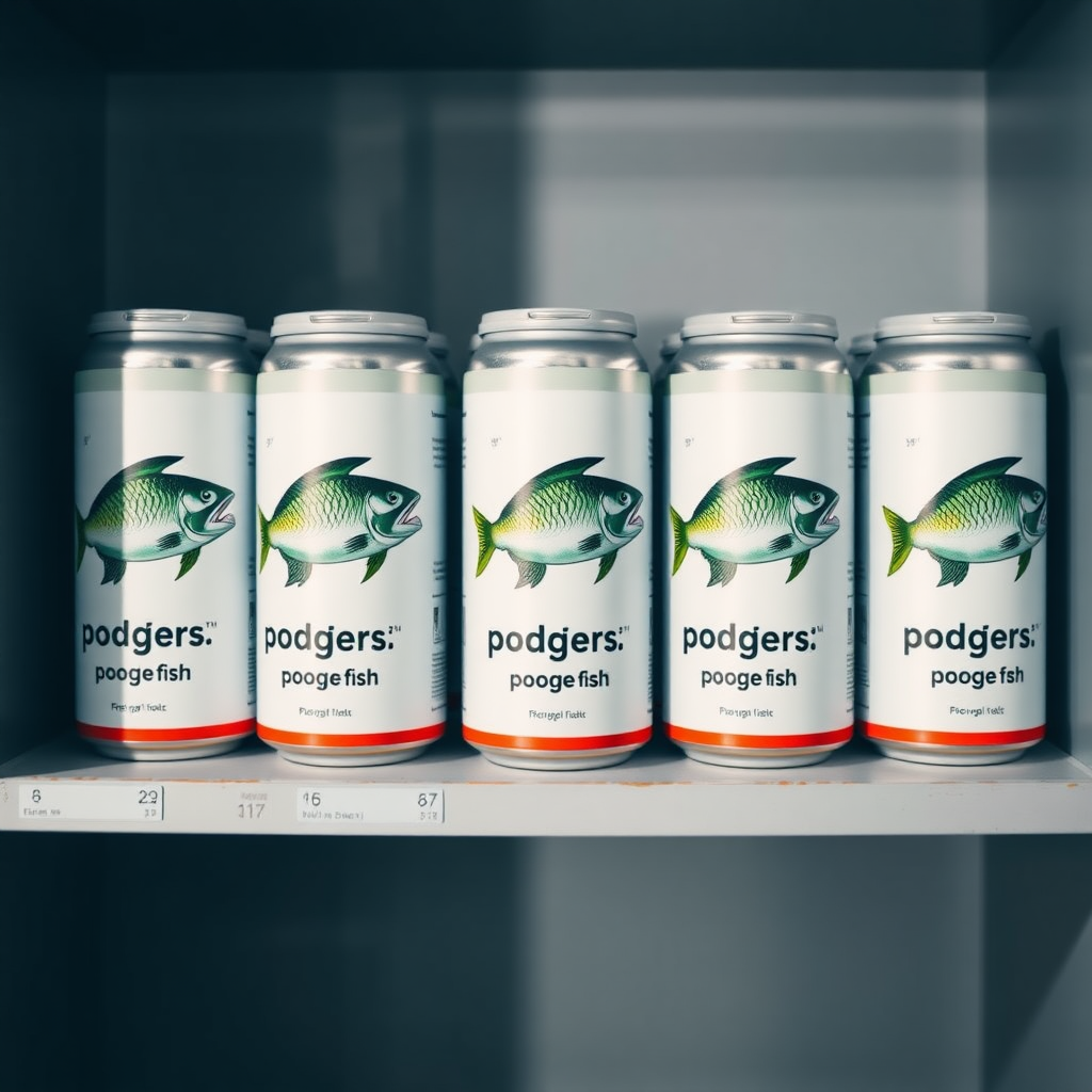 a small shelf with cans that have an image of fish on the label and text saying "pog fish poggers fish"