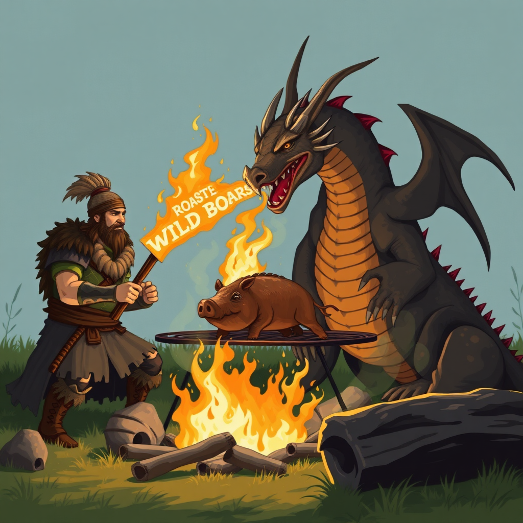 A dragon and a warrior roast the boar on the grill over a campfire, and the dragon spits fire out of its mouth to roast the wild boar.