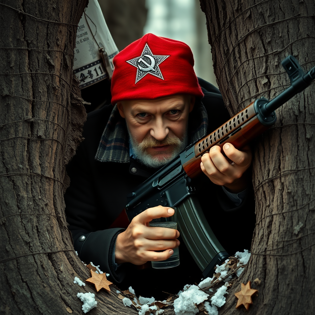 Soviet communist hiding with an AK-47 and vodka