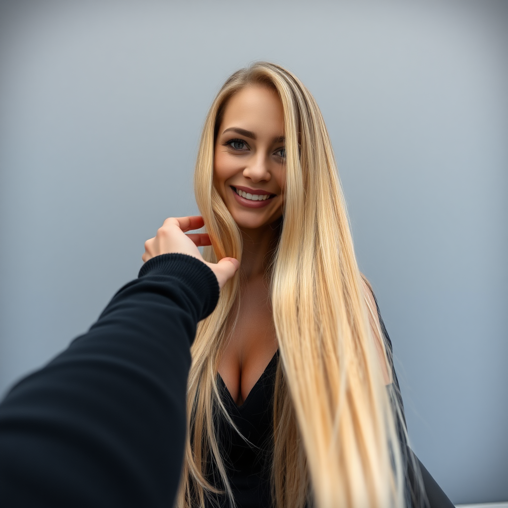 POV, beautiful very long haired blonde woman sitting in a hair salon smiling at the camera while I reach out from behind the camera to trim her very long hair. Plain gray background.