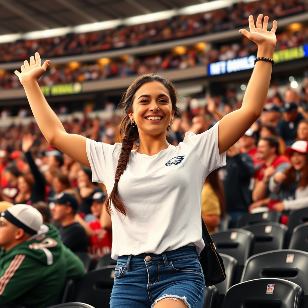 Attractive female NFL fan, pigtail hair, inside bleachers row, crowded, jumping, arms waving in the air, NFL stadium