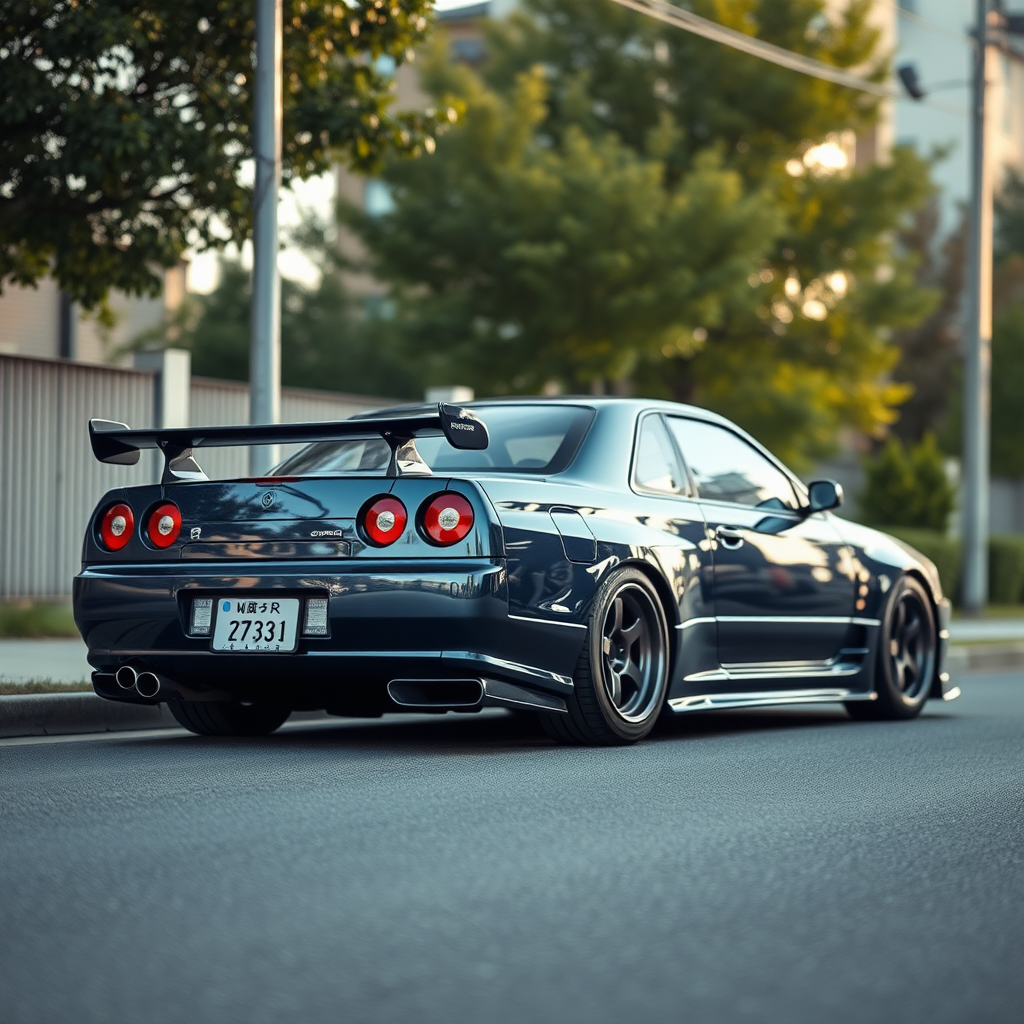 the car is parked on the side of the road, inspired by Taiyō Matsumoto, tumblr, restomod, nd4, c4 metallic shine nissan skyline r34