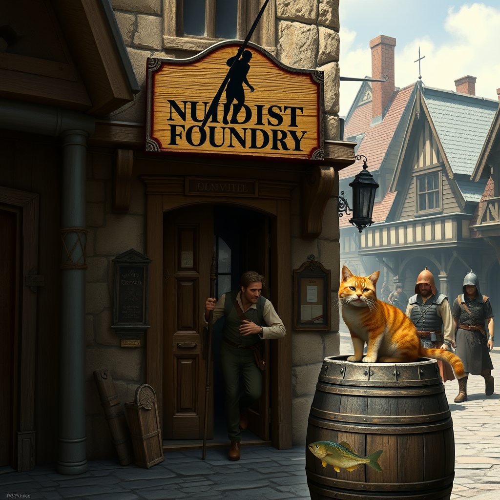 A city street in a fantasy village. Adventurer hastily leaving the door of a shop. Sign above the door says "Nudist Foundry" and there is a silhouette image of a man holding a very large pole from his waist on the sign. City guards walk by, and there is a cat on a barrel holding a fish in its mouth. photorealistic matte painting.