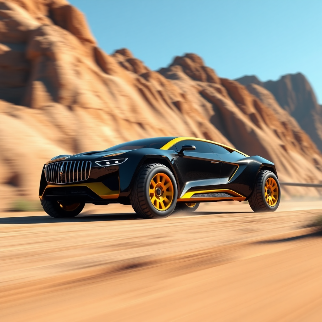 A 3D render of a futuristic Maybach supercar with off-road tires. The car is inspired by the and has a black and yellow color scheme. The car is driving through a canyon with steep cliffs. The background is clear blue sky.