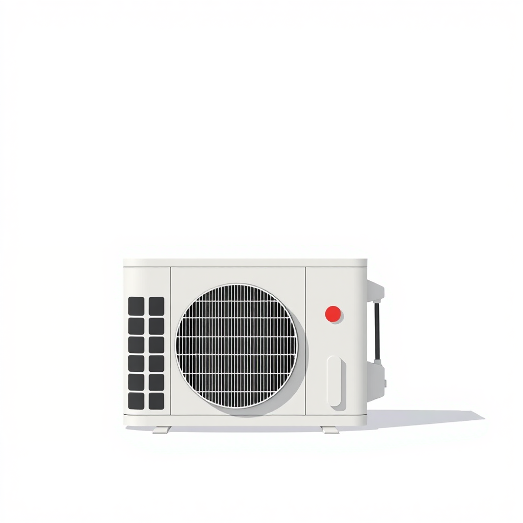 A simple, high-resolution, realistic photo of a standard residential outdoor air conditioning unit or condenser. The unit should be placed on a flat surface. The unit should be a neutral color. Plain, uncluttered background. No text.