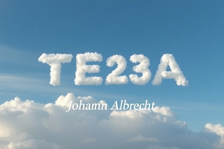 the text "TE23A" made out of clouds in the sky with the text "Johann Albrecht" below also out of clouds but smaller