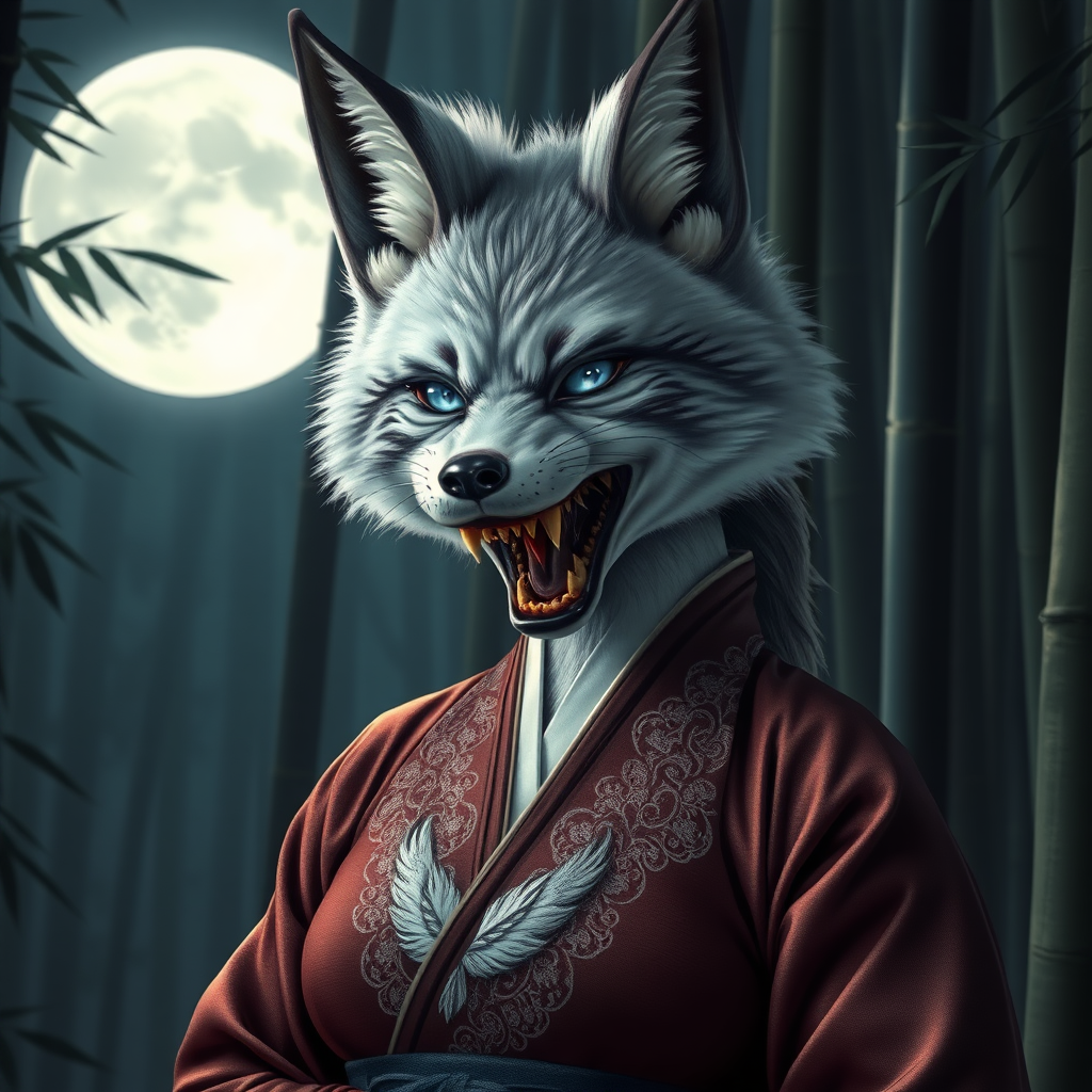 Photorealistic style eerie-looking kitsune-silverfox with blue eyes in an ancient female Korean big breasted hanbok with bared teeth with blood on the fox teeth, in front of the full moon in a bamboo forest.