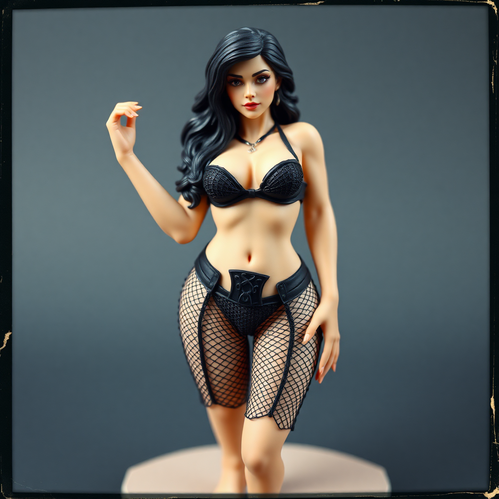 old polaroid photo of low detail 3d printed plastic figurine of sexy thicc curvy succubus girl wearing revealing black mesh bikini gstring thong and corset