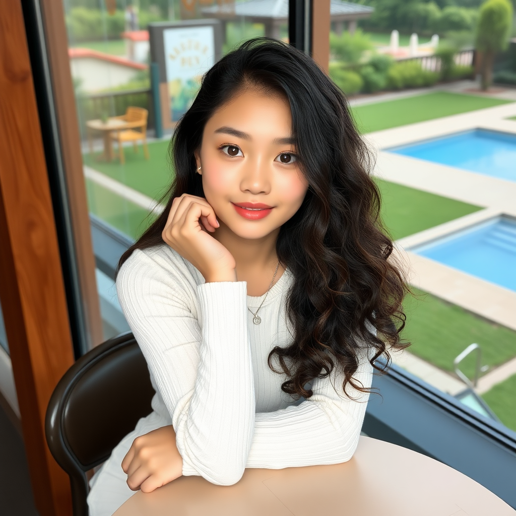 A young, 18-year-old beautiful Xiaohongshu blogger with fair skin, big eyes, long curly hair, an oval face, and very slender, sitting in a café, leaning on the table, with a view of green grass and a swimming pool outside the window.