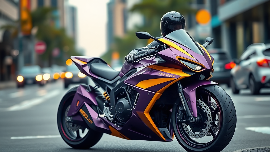 A telephoto shot of a futuristic custom motorcycle with an angular design and a purple and yellow color scheme. The motorcycle is parked in the city traffic. There is a driver wearing a helmet sitting on the motorcycle. The background is blurred due to the bokeh effect.