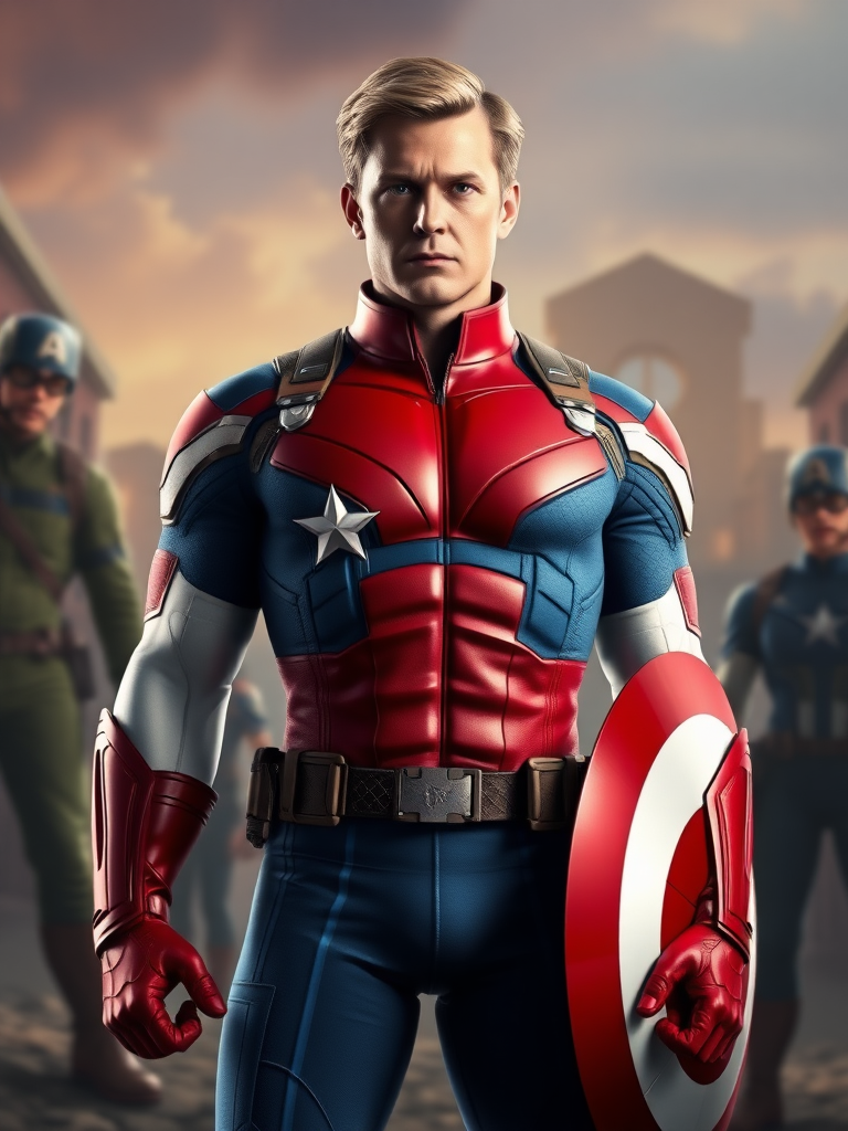 Create a hyper-realistic full-length render of Steve Rogers featuring the body type of Power Girl. Maintain the original head while modifying the silhouette to reflect Power Girl's physique. Position the character in a background that harmoniously blends elements relevant to both characters, capturing their heroic essence. Focus on details such as costume textures, lighting, and shadows to enhance realism, ensuring the final image showcases both strength and personality.