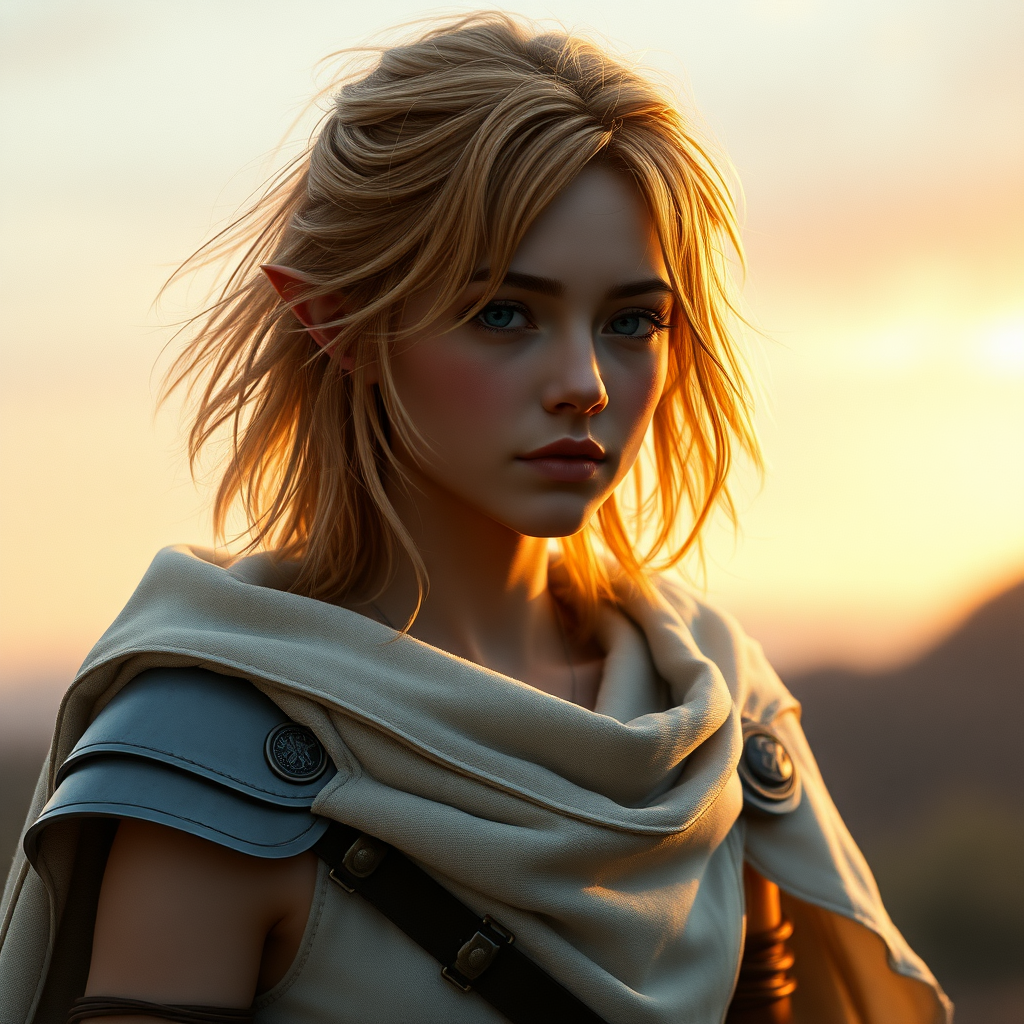 A girl with a face like Ana de Armas, pale, no makeup, messy shoulder-length strawberry blonde hair, athletic. She is an elven magic user, wearing a white cloak with wide shoulder armor like Deedlit from Record of Lodoss War. Hyperrealistic, dawn, film grain.