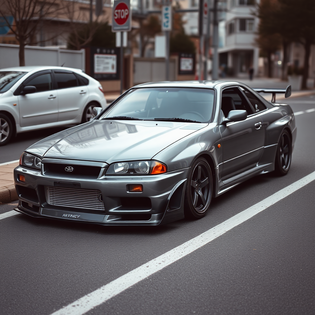 The car is parked on the side of the road, inspired by Taiyō Matsumoto, tumblr, restomod, nd4, c4 metallic shine gray black nissan skyline r34 kalabalik tokyo gece arkaplan en ayrıntılı genel detaylar