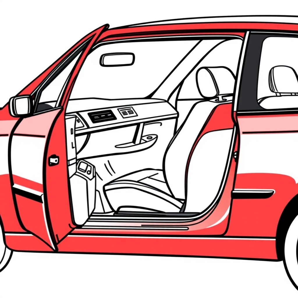 red vw polo II car, driver's door wide open, driving seat visible, long establishing shot, 2D, caricature, cartoon, Sketch lines, coloring book, coloring book style on white background, well composed, clean coloring book page, No dither, no gradient, strong outline, No fill, No solids, vector illustration, realistic proportions, blueprint, left side view