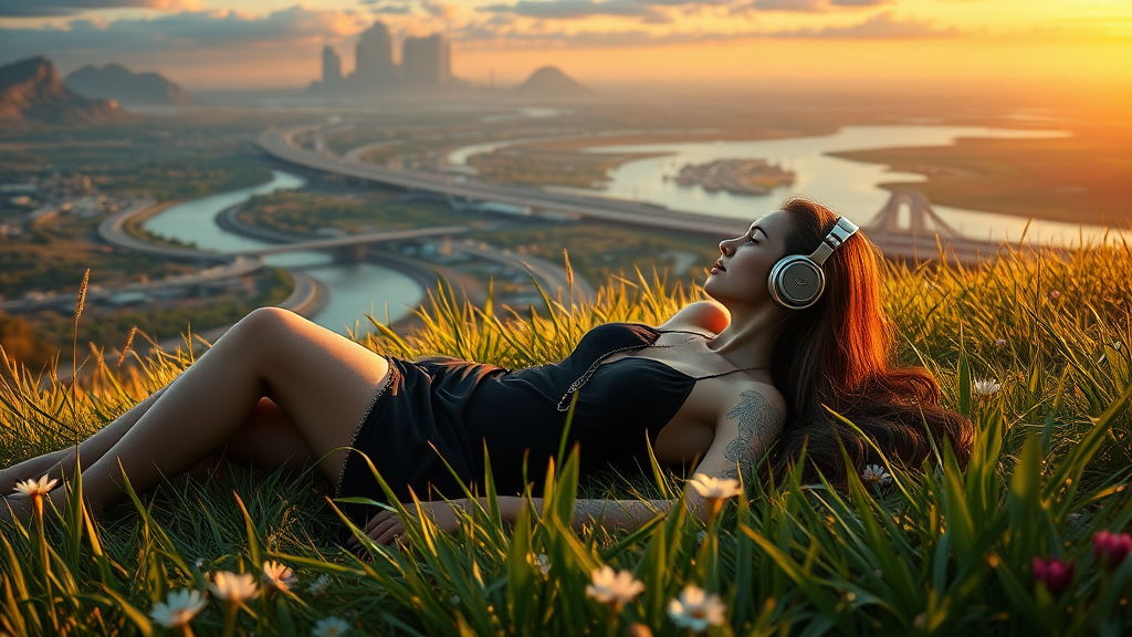 pretty azian woman long hair, pretty short black dress, lay in the grass with flowers, with headphone, alien planet, aliens buildings, with nice greenery flowers and rivers, beach, nice sunset, highways and streets, ultra realistic view high detail