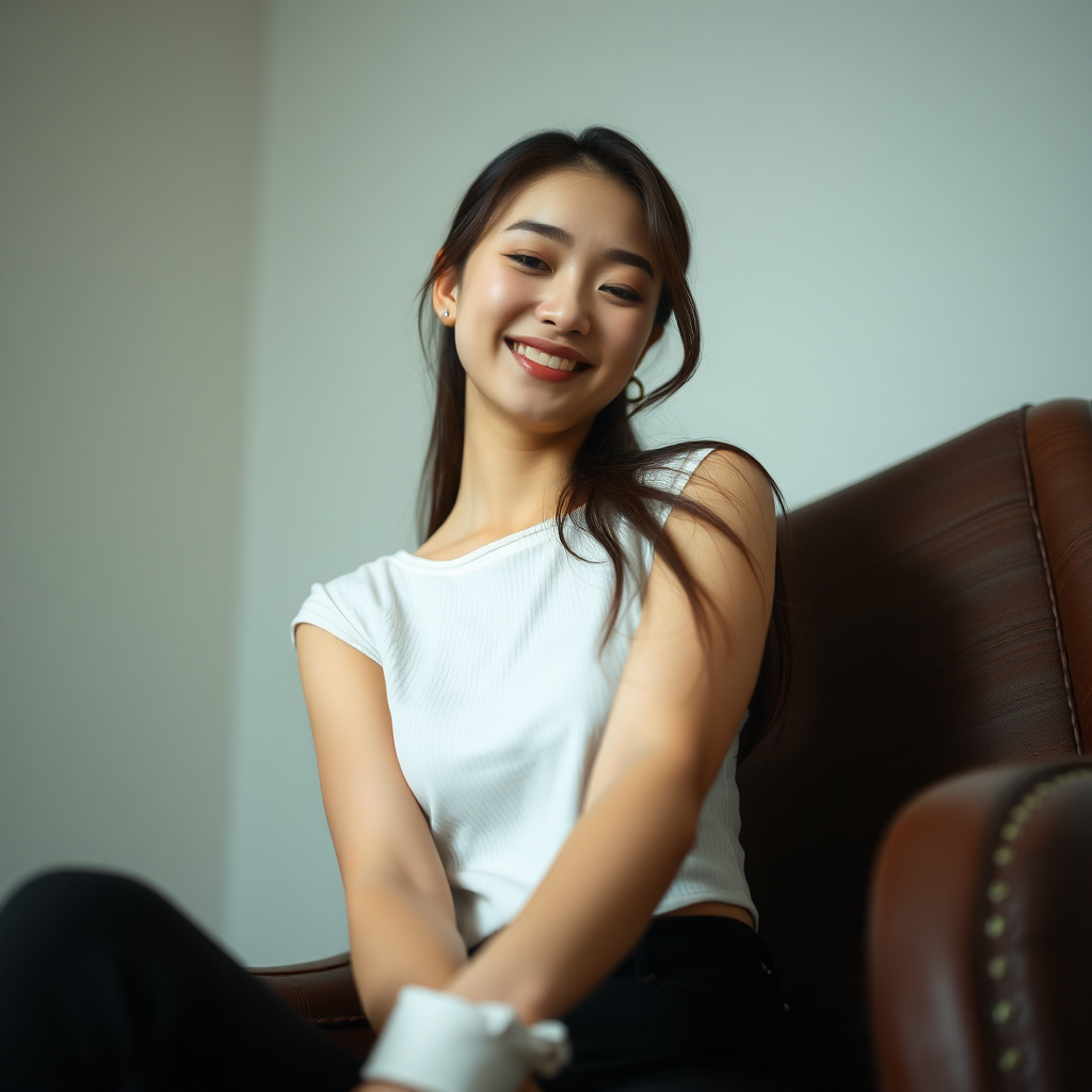 photo low angle full body shot beautiful xiaomeimei looking down. She is sitting on a chair. she is grinning.