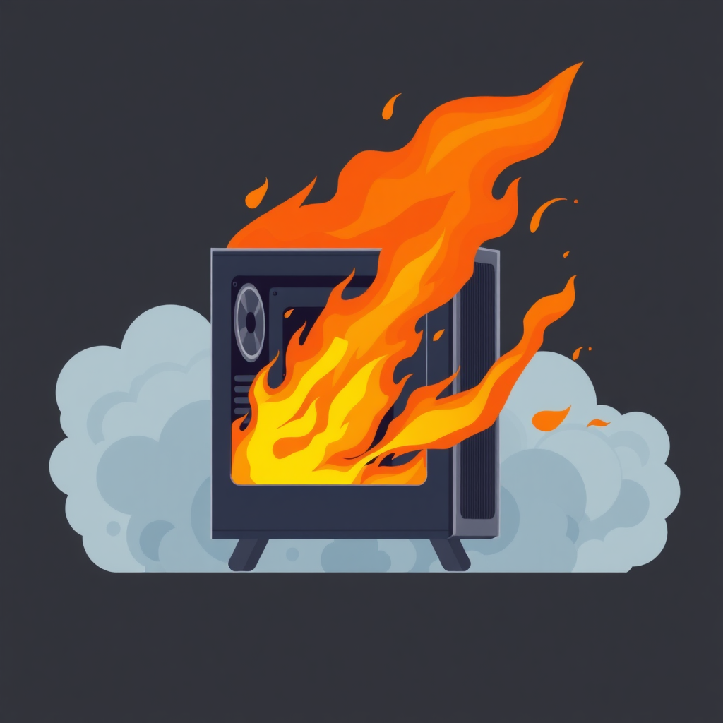 flat icon of computer case exploding with fire