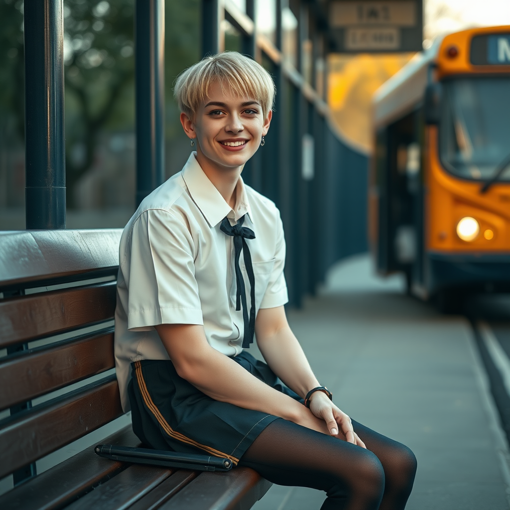 photorealistic, ultra high resolution, 16K, surreal fantasy, soft studio lighting, a pretty 18 year old goth male, slim male physique, short blonde hair, goth makeup, earrings, shiny black pantyhose, UK girls-school uniform, Mary-Jane shoes, sitting on a bench waiting for the school bus, in daylight, excited smile, facing the camera.