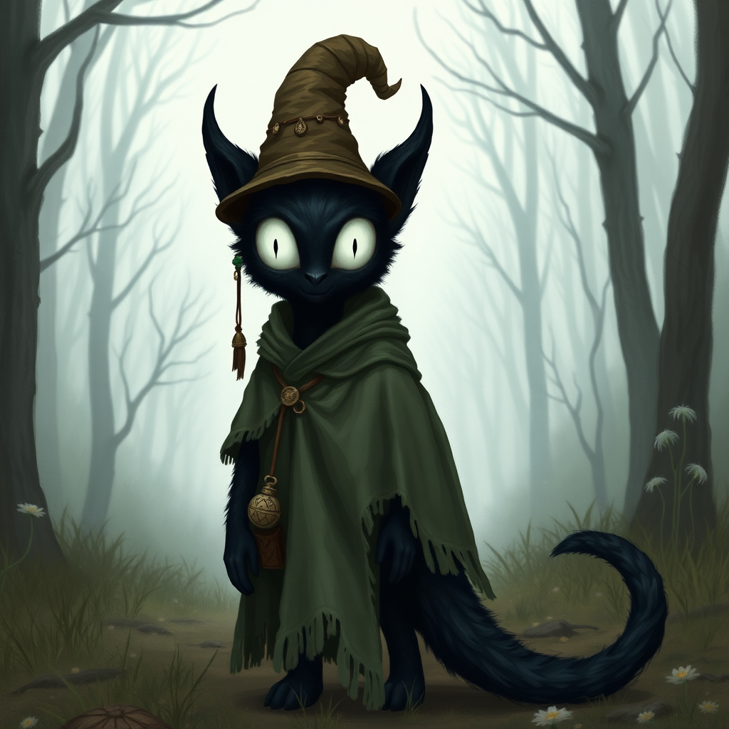 In the middle of the clearing is a dark creature with black fur, a long black tail, and big black ears. He wears a tattered sage green cloak that's way too big for him, and a brown sachal over his shoulder. He has a cacky colored tall pointed hat that leans to one side and bends in the middle and has a few trinkets strung to it. The creature doesn't have any facial features aside from 2 impossibly wide, snow white eyes that take up most of his face, and glow a pure white.