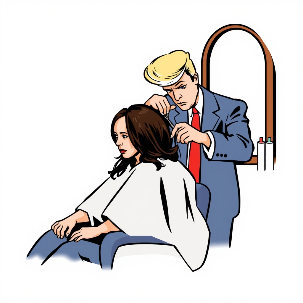 Kamala Harris sitting in a barbershop while Donald Trump cuts her long hair.  Plain gray background.