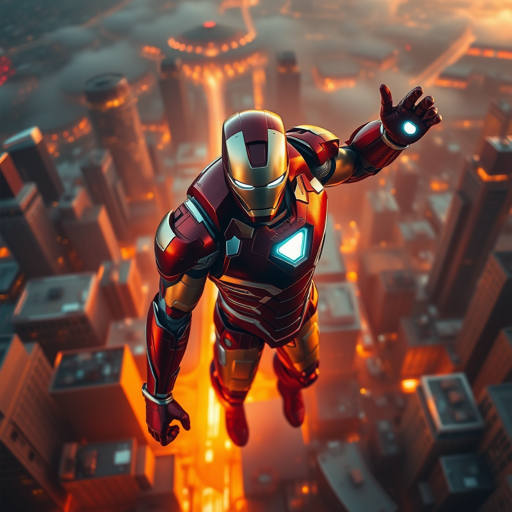 An action-packed, visually striking scene of tonystark in ironman suit, no helmet, standing triumphantly amidst a dramatic, cityscape backdrop at sunset, camera angle: bird's eye view, with vibrant colors and sharp contrasts to make him stand out.